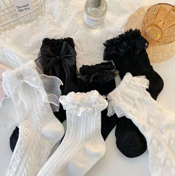 6 pares Calcetines de tripulación con diseño de lazo  Blanco y Negro