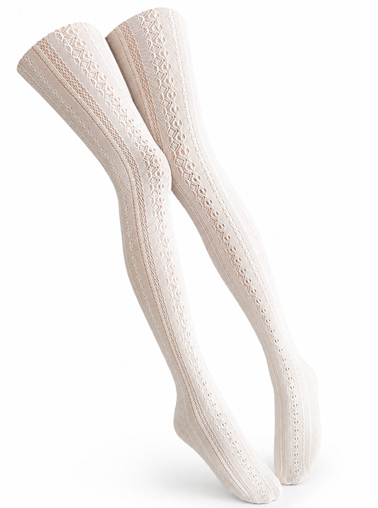 Pantimedias tipo Lolita de encaje vintage blanco con diseño calado.